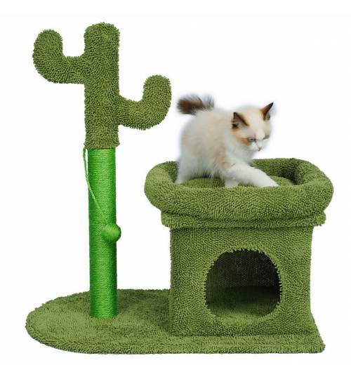 Ansamblu de joaca pentru pisici, Jumi, model cactus, cu stalp catarare, culcus, ciucure, verde, 63x40x72 cm MART-CD-264953