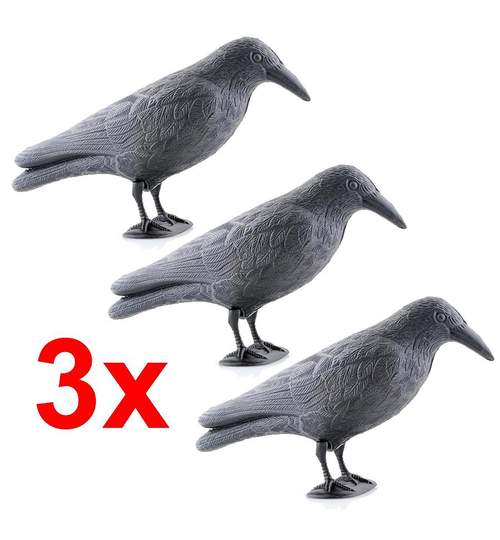 Set 3x Corbi Ciori Artificiale Decorative pentru Alungarea Porumbeilor sau a Altor Pasari Nedorite