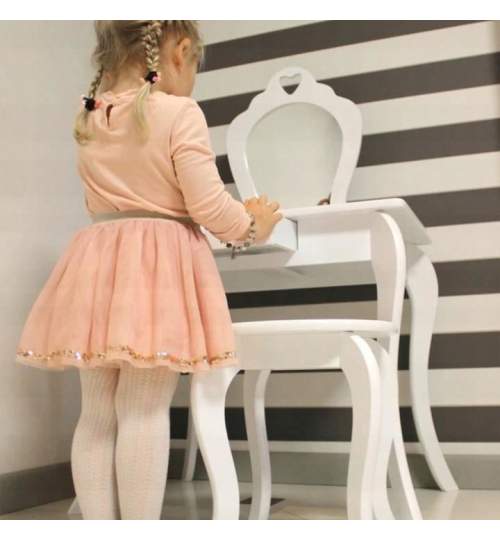 Masa de toaleta, machiaj, pentru copii, alba, cu oglinda si taburet, 71x50x108 cm MART-PHO0397