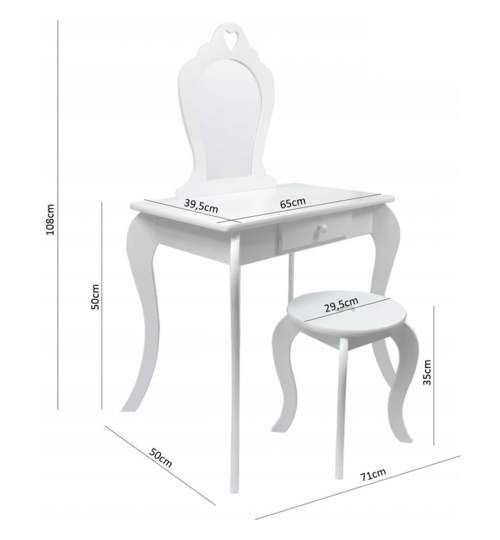 Masa de toaleta, machiaj, pentru copii, alba, cu oglinda si taburet, 71x50x108 cm MART-PHO0397