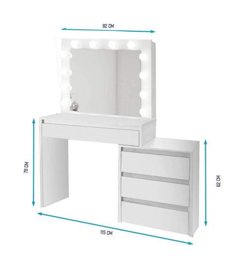 Masa de toaleta/machiaj + Taburet, alba, cu oglinda si LED-uri, 115x43x145 cm MART-BETIBS