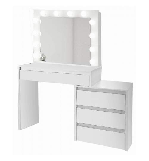 Masa de toaleta/machiaj + Taburet, alba, cu oglinda si LED-uri, 115x43x145 cm MART-BETIBS