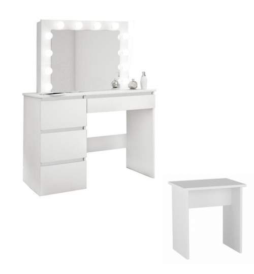 Masa de toaleta/machiaj + Taburet, alba, cu oglinda si LED-uri, Irina, 94x43x141 cm MART-BETI4bialaS