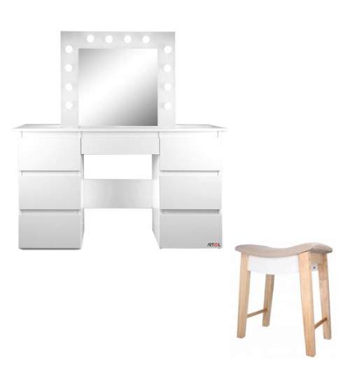 Masa de toaleta/machiaj + Taburet Vintage, alba, cu oglinda si LED-uri, Vanessa, 130x43x143 cm MART-54492SV