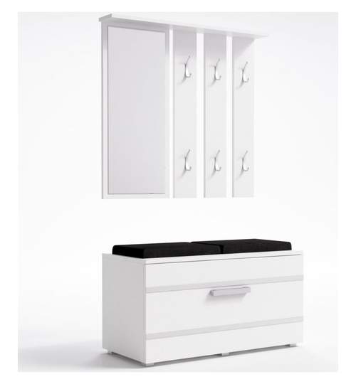 Set cuier cu oglinda + pantofar tip scaun dublu cu sezut tapitat, model Opal, culoare alb mat