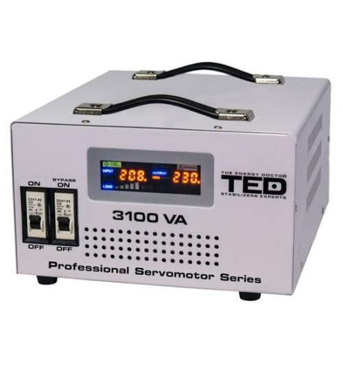 Stabilizator de tensiune automat, 3100 VA, 140-260V, unda sinusoidala pura, servomotor, 2 x Schuko, Afisaj LED FMG-LCH-TED-SVC3100