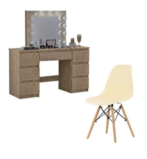 Masa de toaleta/machiaj + Scaun stil scandinav, Artool, Vanessa, stejar wotan, cu oglinda si LED-uri, 130x43x143 cm MART-139007S