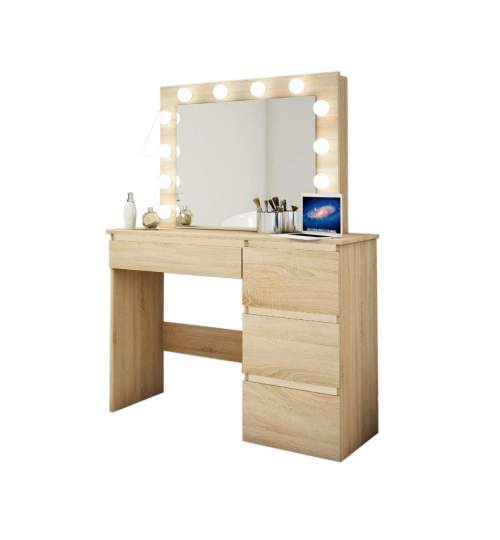 Masa de toaleta/machiaj + Scaun stil scandinav, Artool, stejar, cu oglinda si LED-uri, 94x43x141 cm MART-107464S
