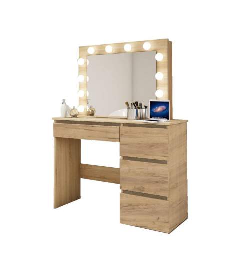 Masa de toaleta/machiaj + Scaun stil scandinav, Artool, stejar wotan, cu oglinda si LED-uri, 94x43x141 cm MART-107457S