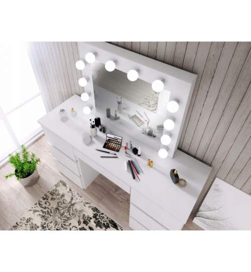 Masa de toaleta/machiaj + Scaun stil scandinav, alba, cu oglinda si LED-uri, Vanessa, 130x43x143 cm MART-54492SS
