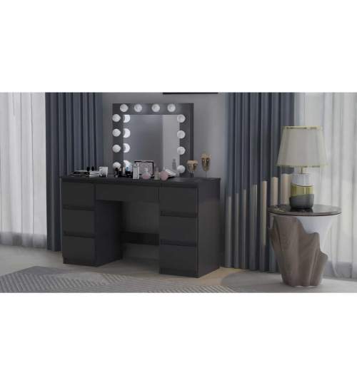 Masa de toaleta/machiaj + scaun stil scandinav, Artool, Vanessa, negru, cu oglinda si LED-uri, 130x43x143 cm MART-138994S