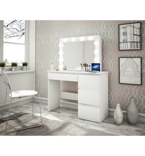 Masa de toaleta/machiaj, alb lucios, cu oglinda si LED-uri, Irina, 94x43x141 cm MART-139410