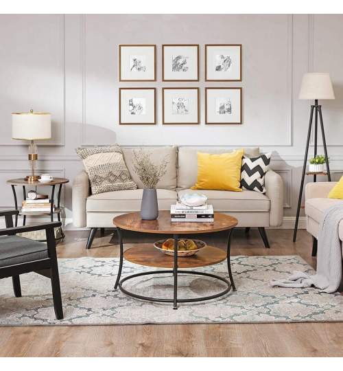 Masa pentru sufragerie/living, Artool, rotunda, pal, metal, cu raft depozitare, maro rustic si negru, 80x45 cm MART-2245_1