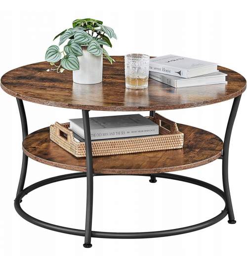 Masa pentru sufragerie/living, Artool, rotunda, pal, metal, cu raft depozitare, maro rustic si negru, 80x45 cm MART-2245_1