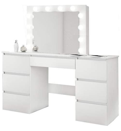 Masa de toaleta/machiaj, alb lucios, cu oglinda si LED-uri, Vanessa, 130x43x143 cm MART-139403