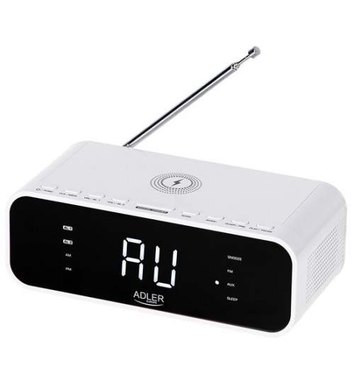 Radio FM cu ceas desteptator, Incarcator wireless, Bluetooth, AUX, USB, Alb, 5 W FMG-LCH-AD1192W