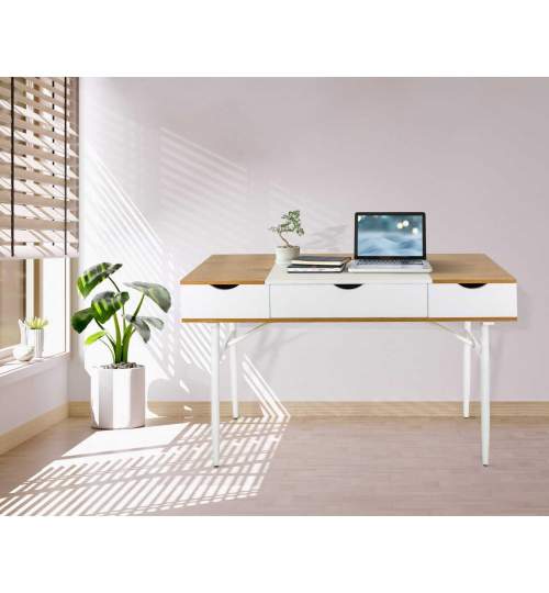 Birou calculator, Jumi, placa MDF, otel, cu sertar, compartimente interioare, alb si natur, 120x60x77 cm MART-CM-305281
