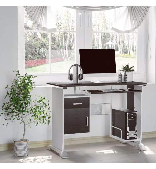 Birou calculator, metal si MDF, cu rafturi pentru tastatura si unitate, sertar, dulap, maro si alb, 100x52x75 cm MART-AR711126