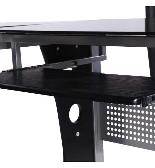 Birou calculator pe colt, metal si sticla, cu raft tastatura, negru, max 50 kg, 139x164x75 cm MART-AR290682