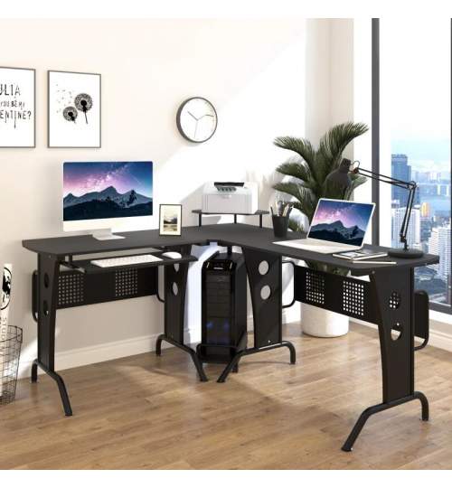 Birou calculator pe colt, otel, MDF, cu raft tastatura, negru, max 50 kg, 170x140x86.5 cm MART-AR068519