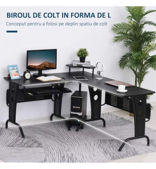 Birou calculator pe colt, otel, MDF, cu raft tastatura, negru, max 50 kg, 170x140x86.5 cm MART-AR068519