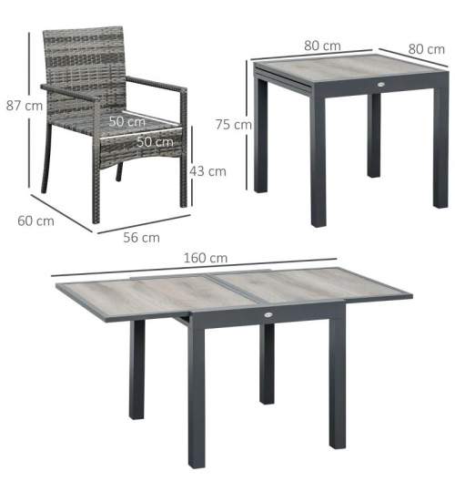 Set mobilier gradina/terasa, gri si maro, ratan sintetic, 1 masa extensibila, 6 scaune, Carolina MART-AR172452