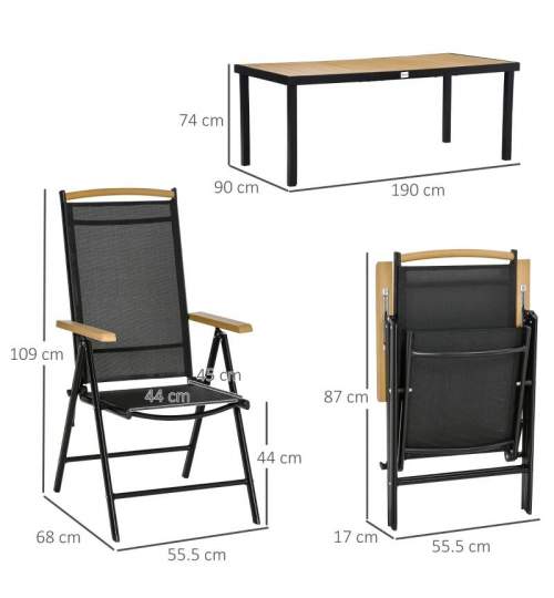 Set mobilier gradina/terasa, negru si stejar, 1 masa, 6 scaune, Abigail MART-AR140772
