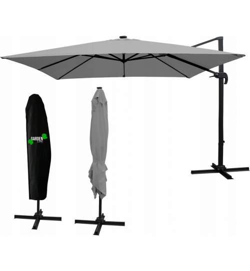 Umbrela gradina/terasa cu LED, Chomik, articulatie tip banana, gri, 300x300 cm MART-GAO1558