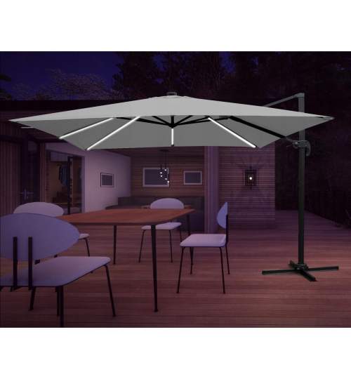 Umbrela gradina/terasa cu LED, Chomik, articulatie tip banana, gri, 300x300 cm MART-GAO1558