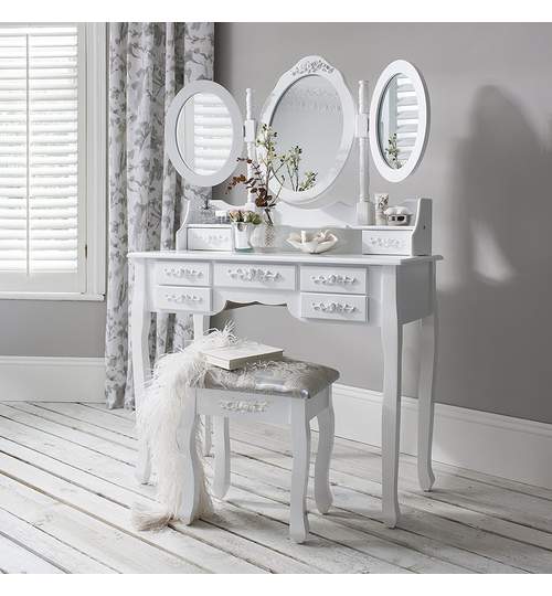 Set masa, masuta toaleta pentru machiaj cu 3 oglinzi reglabile, 7 sertare + scaun, dimensiuni 90x146x40cm, culoare Alb