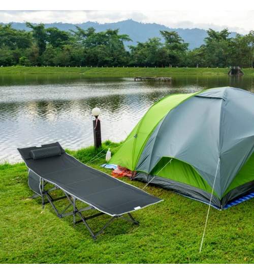 Pat pliabil camping, gradina, pescuit, material Oxford, cu buzunar lateral, tetiera, geanta, gri, max 150 kg, 188x64.5x53 cm MART-AR212554