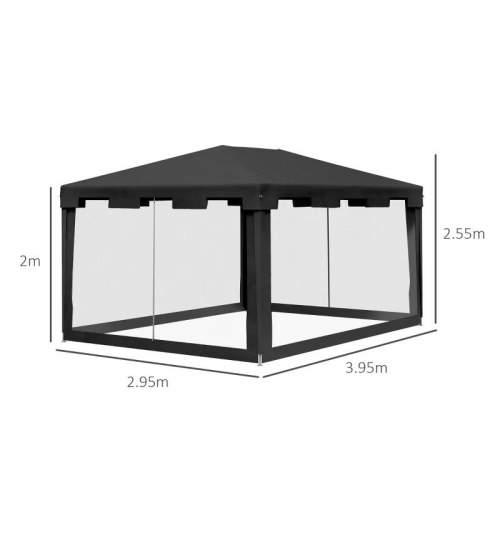 Pavilion/foisor pentru gradina/terasa, cadru metalic, cu plasa de tantari, gri inchis, 3.95x2.95x2.55 m MART-AR206645