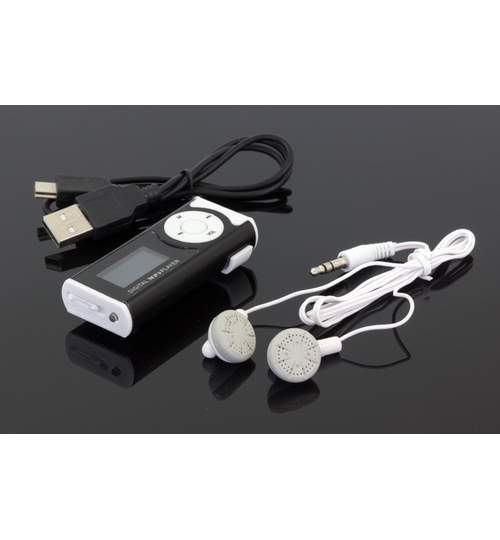Mini MP3 Player portabil cu afisaj LCD, Radio, microSD, USB si lanterna incorporata, culoare Negru