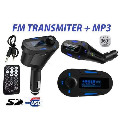 Modulator FM MP3 Auto cu Display Albastru Telecomanda USB Card SD AUX Jack 12/24V