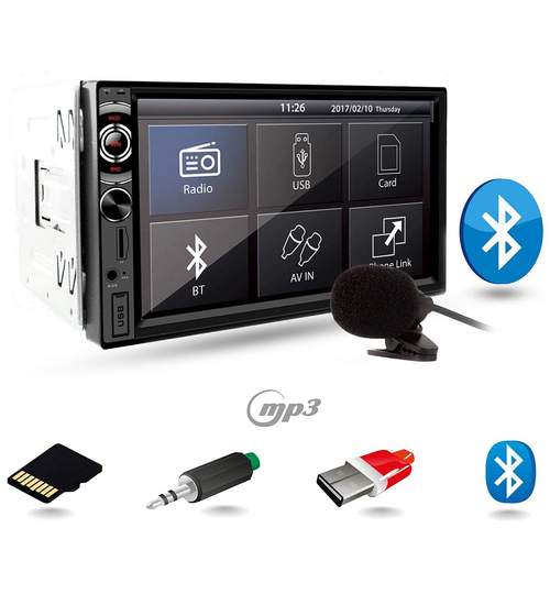 MP3 Player Auto 2DIN cu Microfon Extern, Bluetooth, Radio FM, Touchscreen Display 7 inch, Telecomanda, USB, MicroSD, AUX, Putere 4x45W, Vordon