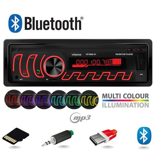 Radio MP3 Player Auto 1DIN cu Bluetooth, Iluminat LED Multicolor, Microfon Extern Inclus, Putere 4x45W, FM/USB/LED/Card MicroSD/AUX