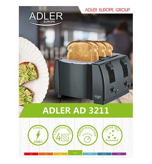 Prajitor de Paine Adler Toaster, Capacitate 4 Felii, Putere 1300W, Termostat Reglabil
