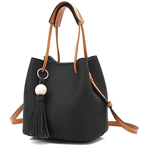Set geanta dama + plic din piele cu accesoriu franjuri, culoare negru