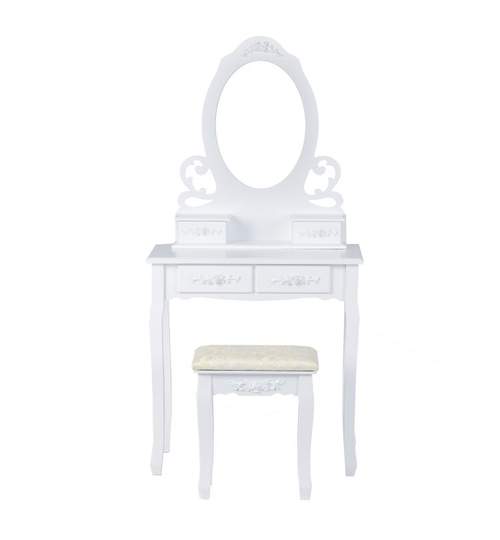 Set Masa Toaleta pentru Machiaj cu Oglinda Ovala si 4 Sertare + Scaun, Stil Victorian, Culoare Alb