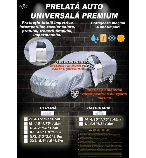 Husa Prelata Auto Universala, Marimea M Hatchback, Dimensiuni 415x175x145cm Impermeabila, Anti-Umezeala, Anti-Zgariere si cu Aerisire, Material Premium