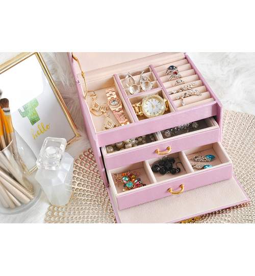 Cutie Eleganta pentru Bijuterii, Ceasuri sau Accesorii, 20 de Compartimente, Oglinda si Inchidere cu Cheie, Culoare Roz