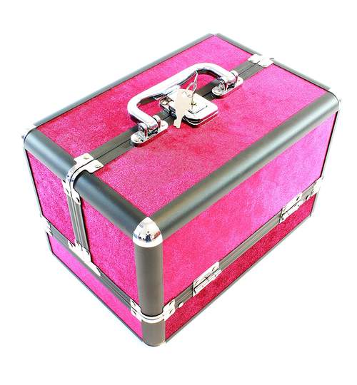 Cutie Organizator tip Valiza pentru Cosmetice, Compartimente Glisante, Culoare Roz