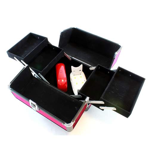 Cutie Organizator tip Valiza pentru Cosmetice, Compartimente Glisante, Culoare Roz