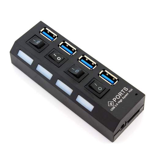 HUB Distribuitor USB Activ cu 4 Porturi USB si Intrerupatoare Individuale