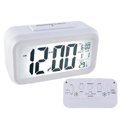 Ceas digital cu afisaj LCD, alarma, data, termometru si timer, culoare Alb