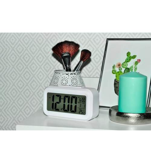 Ceas digital cu afisaj LCD, alarma, data, termometru si timer, culoare Alb