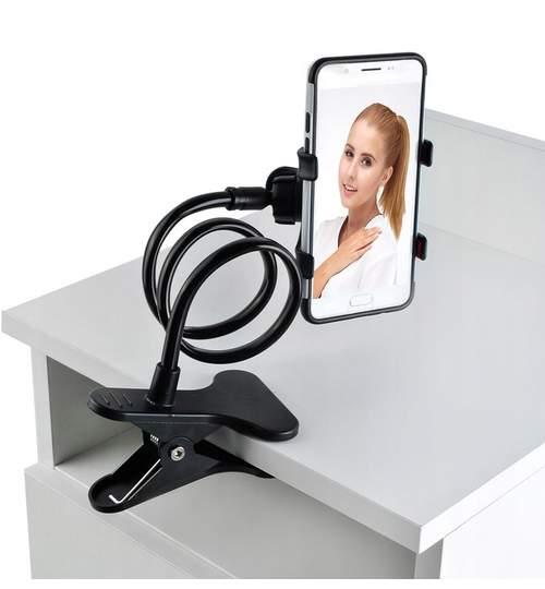 Suport Telefon Flexibil cu capat rotativ si clema prindere, lungime 72cm, culoare Negru