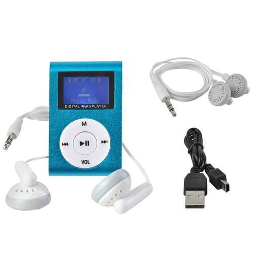 Mini MP3 Player cu Afisaj LCD si Slot USB 2.0, suporta card microSD de pana 32GB, culoare Albastru