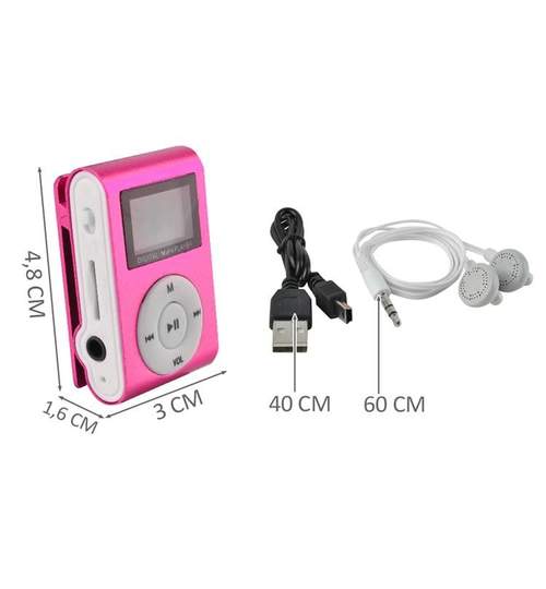 Mini MP3 Player cu Afisaj LCD si Slot USB 2.0, suporta card microSD de pana 32GB, culoare Roz