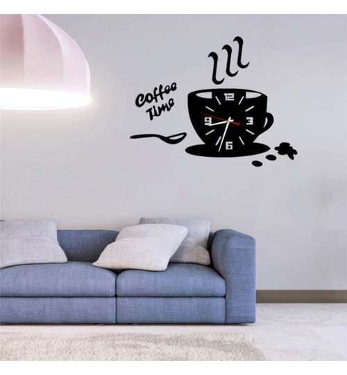 Ceas de Perete 3D Modern, Forma Ceasca de Cafea, Culoare Negru Lucios